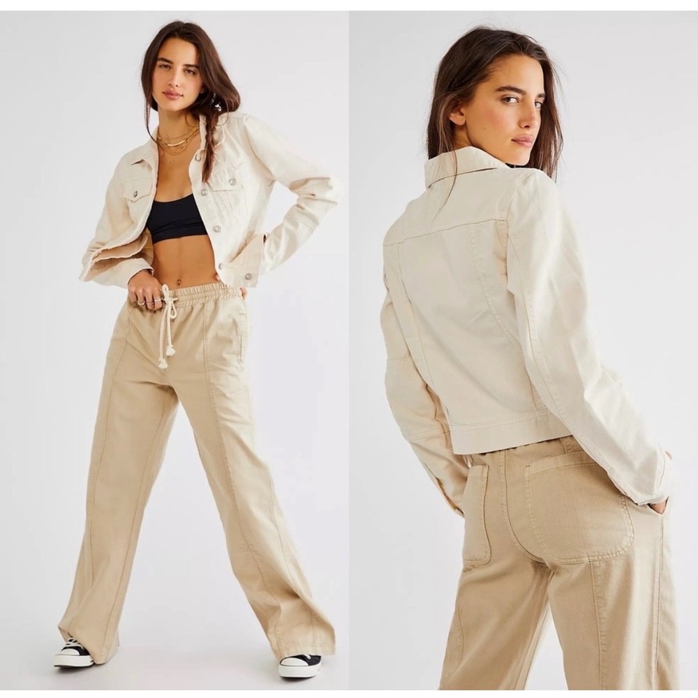 Free People We The Free Women's XS Rumors Denim Jacket Ivory Cropped Cotton